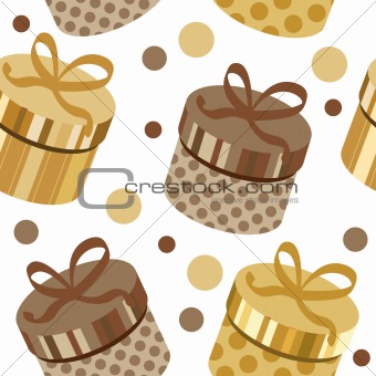 Seamless pattern with gold round gift boxes