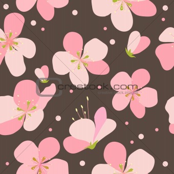 Seamless floral pattern with pink cherry flowers