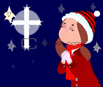 Christmas greeting card with a little girl praying to god