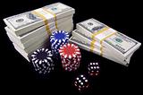Stack of Hundred Dollar Bills, Red Dice & Poker Chips