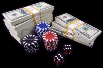 Stack of Hundred Dollar Bills, Red Dice & Poker Chips