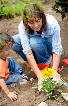 mother and son planting a tree
