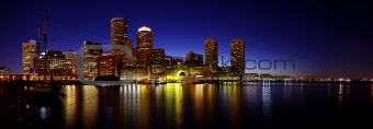 Panorama of Rowes Wharf at night in Boston