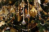 Christmas fur-tree decorated by set of gold ornaments, spheres a