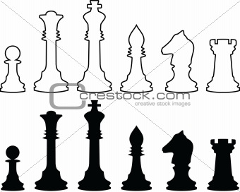 Chessmen, black and white contours. Set.