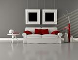 gray white and red minimalist living room