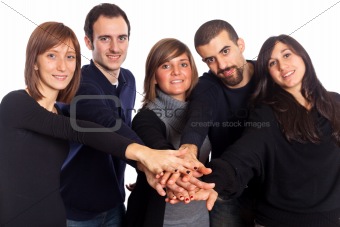 Happy Young Adult People with Hands on Stack