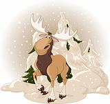 Moose against a snowy forest