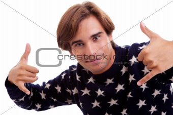 young man with his hands rise up as a sign of everything cool, isolated on white background