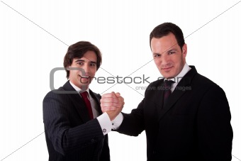 handshake between two businessmen smilling, isolated on white, studio shot