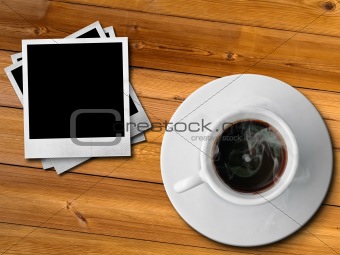 white cup of hot coffe and photo frame