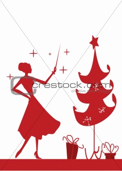 Christmas woman silhouette in front of a Christmas tree,