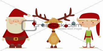 retro Santa claus, Elf, Rudolph 