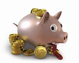 Unhappy overflown piggy bank full of coins 