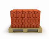 Stack of orange bricks on pallet, isolated on white 