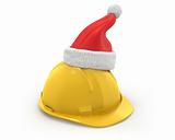 Yellow helmet with santa claus hat on top 