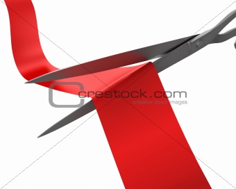 Scissors cut the ribbon closeup