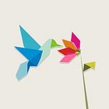Origami hummingbird and flower on pastel background