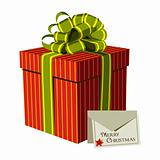 Red gift box with a Xmas greeting card