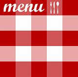 Menu design. Cutlery on red tablecloth texture