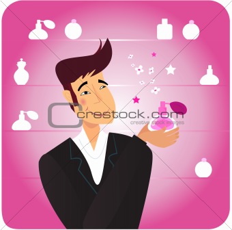 Man with romance gift - pink perfume bottle