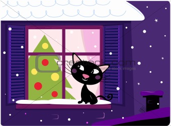 Cat looking through window, christmas tree and xmas snowy night