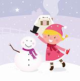 Cute winter girl in christmas pink costume making snowman