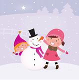 Winter and christmas: Two happy children making snowman