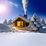 A small wooden house in a fantastic snow forest on the eve of New Year