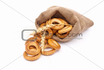 Burlap sack with bagels and ears