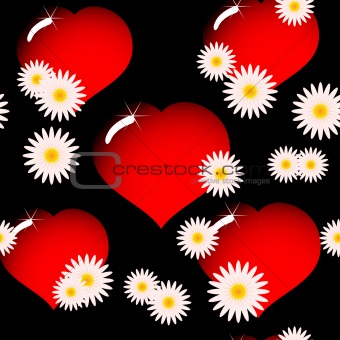 Background with red glass hearts and flowers