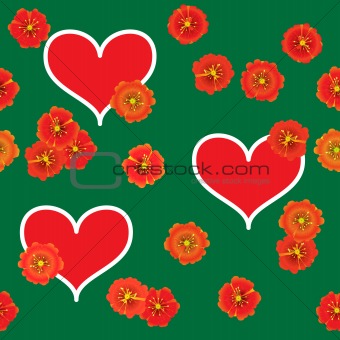 Background with red hearts and orange flowers