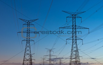 Electrical Transmission Towers (Electricity Pylons) at Dusk