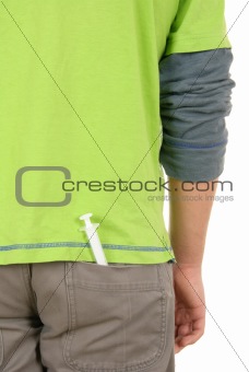 Syringe lies in trouser pocket