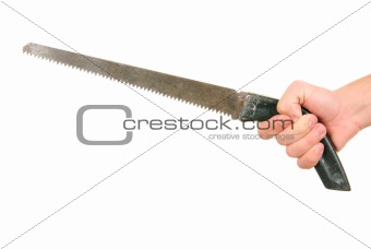Hand holds manual saw