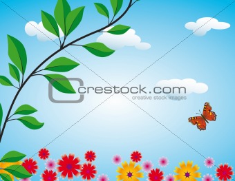 Flowers, butterflies and clouds
