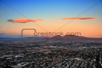 Urban city sunset with mountain