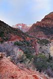 Zion National Park with red rocks, road and snow