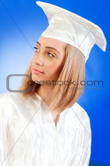 Happy graduate against colourful background