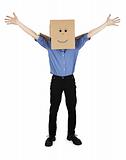Funny man with box on head rejoices