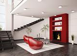 Modern interior with fireplace and staircase 3d render