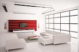 Living room in white red interior 3d