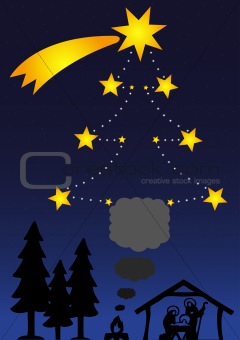 Image of Night sky with Stars, Christmas Trees, Bonfire and a Crib
