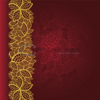 Red background with golden leaves border