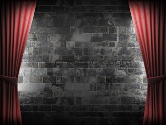 Red velvet curtain and stone wall