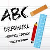 alphabetical texts with pencil, ruler and book