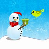 christmas card with snowman and bird