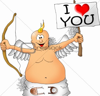 Happy Cupid with bow and a sign
