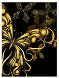 vector vintage golden butterflies with floral ornament on black