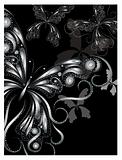 vector vintage silver butterflies with floral ornament on black